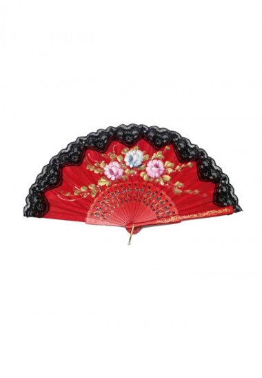 Abanico de Flamenco Flores Pintadas con Encaje Negro