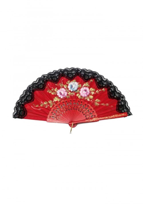 Abanico de Flamenco Flores Pintadas con Encaje Negro